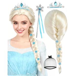 ANOGOL Hair Cap+ 3PCS(1 Crown+1 Wand) Princess Wig Cosplay Blonde Braided Wig Blond Princess Outfit Long Blonde Anime Wigs with Braids for Snow Movie Halloween Christmas Costume Birthday Party
