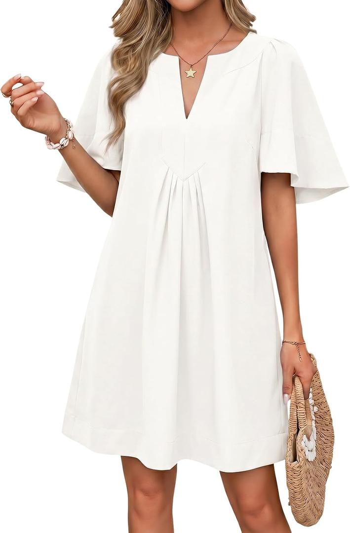 Wenrine Womens Flutter Short Sleeve Mini Dress Casual V Neck Loose Flowy Summer Dresses (White, L)