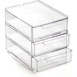 BINO | Clear Stackable Storage Drawers, Small - 3 Pack | Clear Storage Drawers with Built-In Handles | Durable Plastic Organizer Drawer | Modular Stackable Drawer Acrylic Organizer