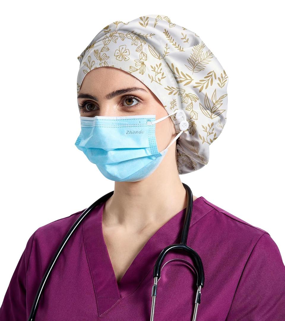 Bouffant Caps Shower Cap with Button and Sweatband, Adjustable Scrub Caps for Women Men Multi Color