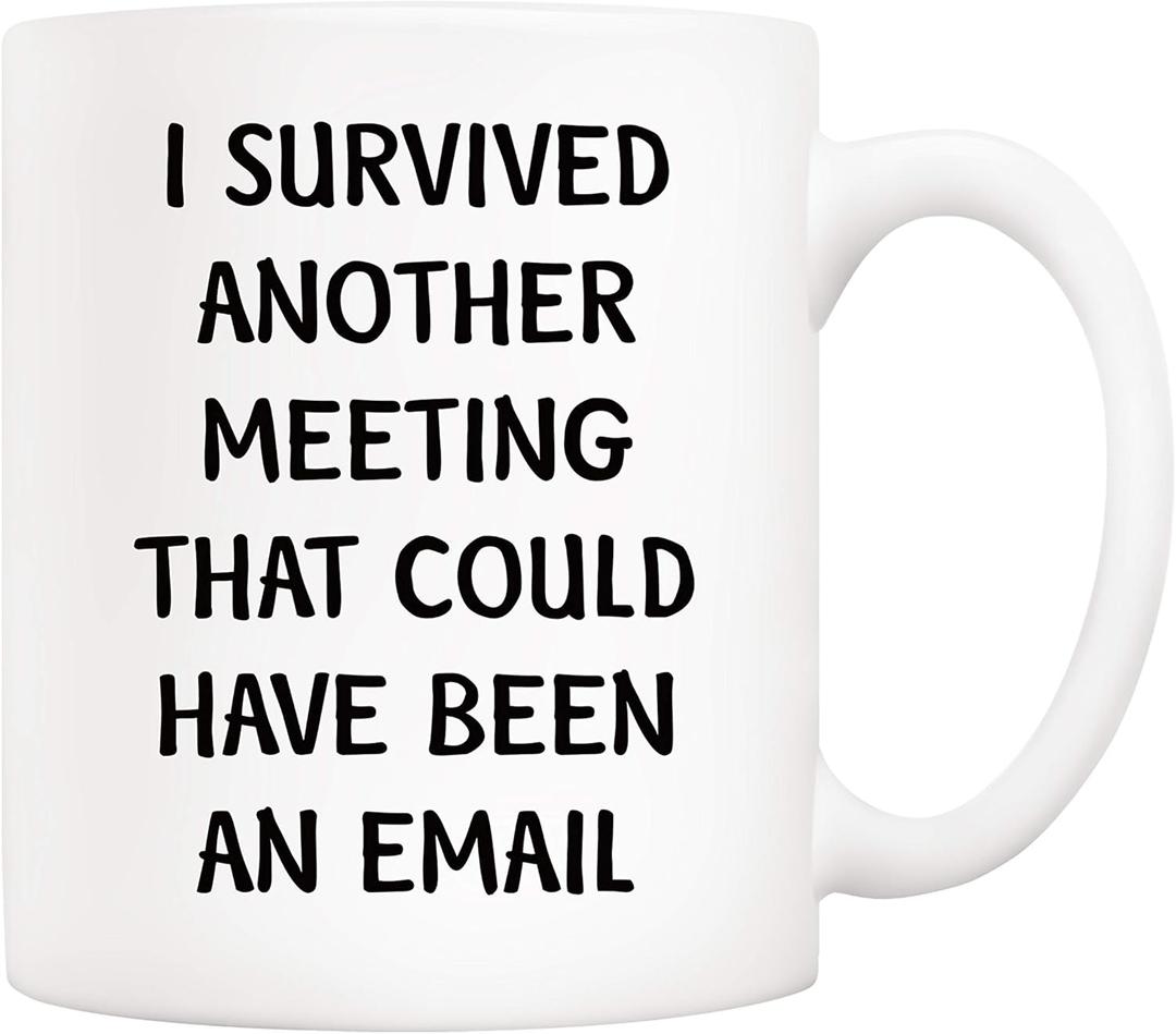 5Aup Christmas Gifts Funny Quote Office Coffee Mug 11 Oz, I Survived Another Meeting That Could Have Been an Email, Unique Inspirational and Souvenir Gifts for Co-worker Colleague