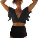 SPORLIKE Women Ruffle High Waist Swimsuit Two Pieces Push Up Tropical Print Bikini (Black, XL)