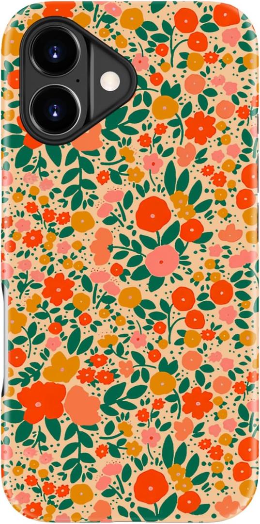 for iPhone 17 Case - Wireless Charging Compatible - Dual-Layer Hard Shell + Silicone Cover - Shockproof Protective Phone Case with Stylish Designs for Women - Orange and Red Flower