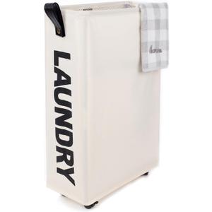 Caroeas 26" Rolling Laundry Basket Slim with Handle on Wheels, Foldable Laundry Hamper, Collapsible Laundry Bag and Organizer, Tall Thin Storage Basket Bin (Beige)