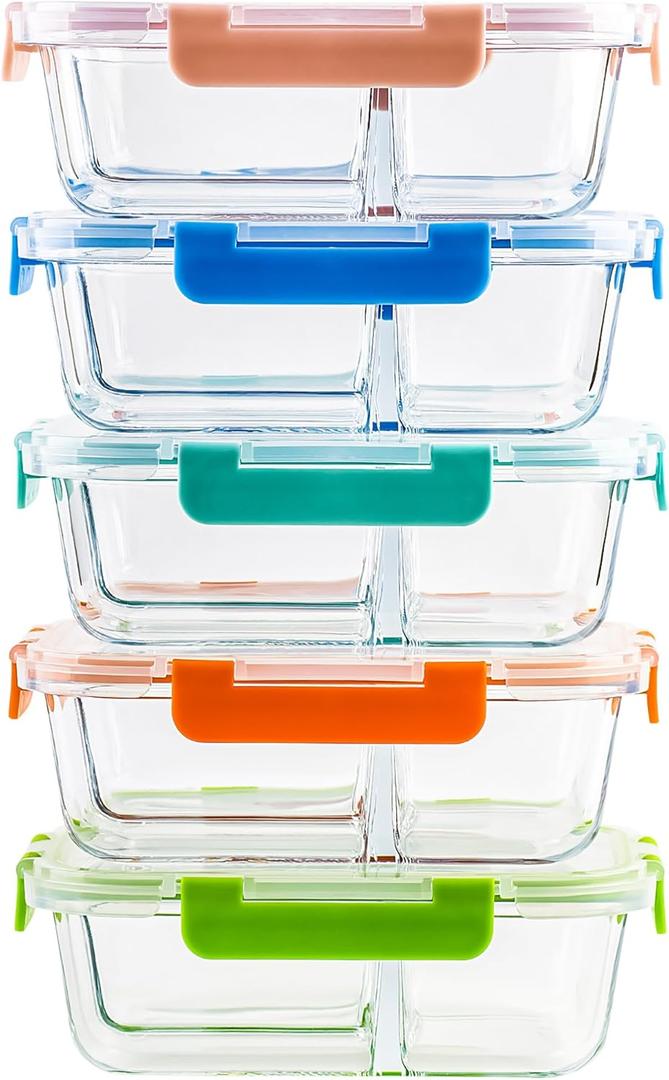 5-Pack,3 Compartment Glass Meal Prep Containers Set,34oz, Divided Food Storage Containers with Lids, Glass Lunch Box with 3 Dividers