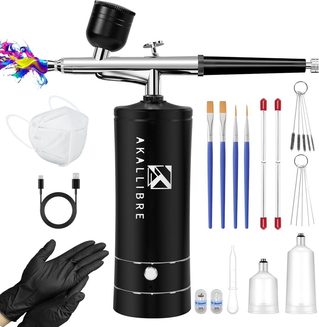 AKALLIBRE Airbrush Kit with Compressor, 48PSI High-Pressure Non-Clogging Airbrush Gun with 0.2/0.3/0.5mm Nozzles, Portable Airbrush for Nails Art, Cake Decoration, Painting etc. (Black)