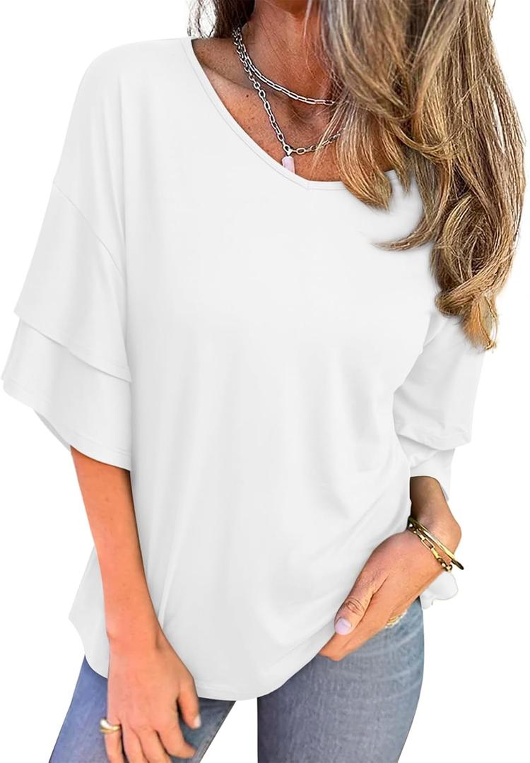 REORIA Shirts for Women's 2026 Ruffle Short Sleeve T Shirts Casual V Neck Cute Tops Fashion Blouse Clothes (White, S)