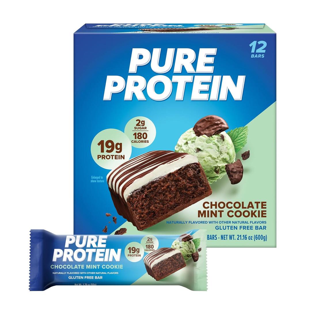 Pure Protein Chocolate Mint Cookie Protein Bars 20g Protein, 3g Sugar, 190 Calories (12 count) Low Sugar* High Protein Snack - Gluten Free - Perfect for a Healthy Snack (EXP 02/19/25)