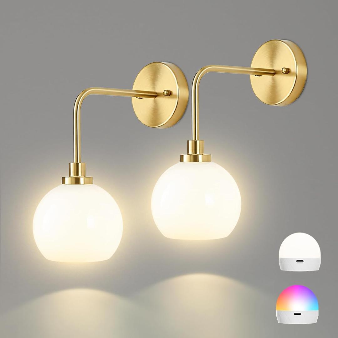 Battery Operated Wall Sconces Set of 2, Gold Rechargeable Wireless Wall Lights with Milky White Shade, 12 RGB and 3CCT Dimmable Wall Lamps with Remote for Bedroom Living Room Hallway