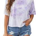 ft FENTENG Women's Crop Tops T Shirts Short Sleeve Casual Tops Round Neck Tee Shirt (X-Large, Tie Dye Purple)