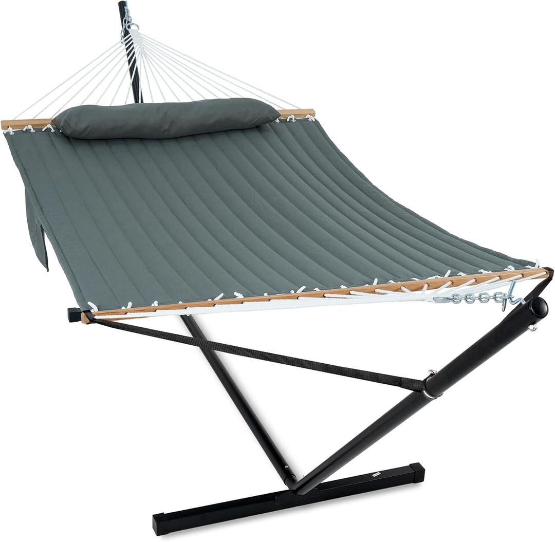 GAFETE 2 Person Hammock with Stand for Outside, Heavy Duty Steel Stand, Double 55inch Hammocks, Large Removable Pillow, Storage Bags, Max 475 lbs Capacity (Mist Green)