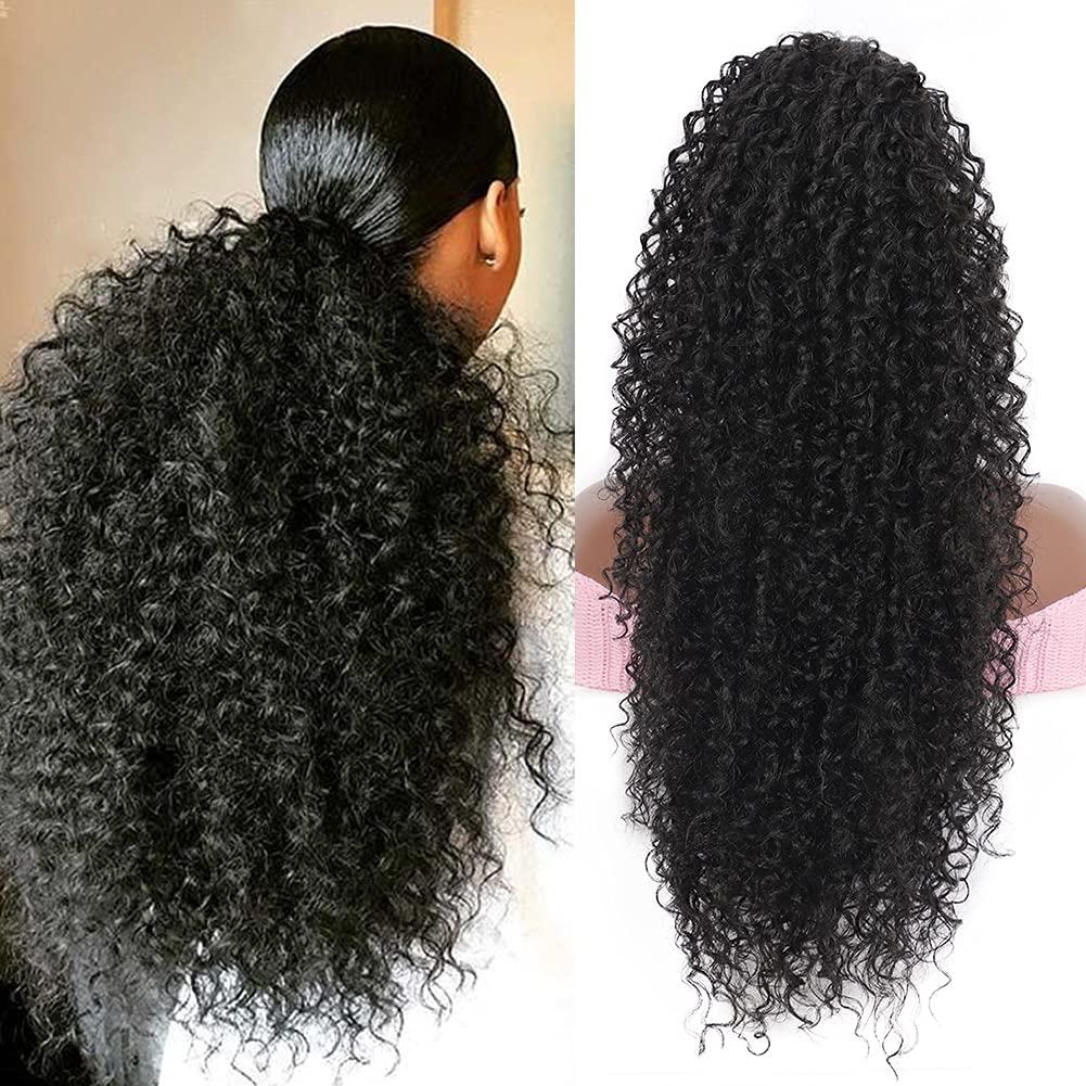 Youthfee 27 Drawstring Ponytail Deep Curly Heat Resistant Human Hair Blended Instant Clip Ponytail Extension Protective Style Afro Kinky Curly Hair Pieces for Women (27 Inch Black)