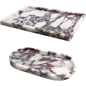Real Luxurious Natural Marble Vanity Tray Genuine Marble Storage Tray for Home Decor Stone Tray for Bathroom/Kitchen/Vanity/Dresser Non-Resin/Non-Ceramic/Viola Oval Set (11" x 7.5" x 0.7")