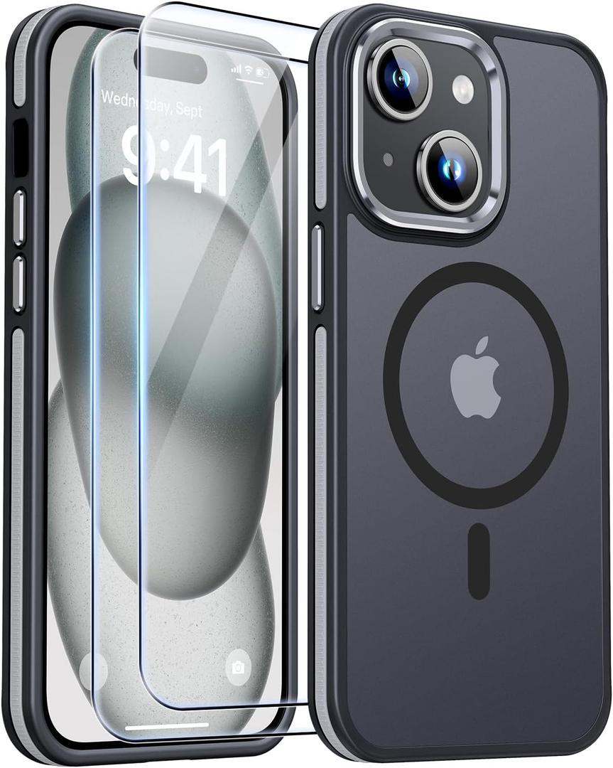JAME for iPhone 15 Case, iPhone 15 Phone Case with 2 Tempered-Glass Screen Protectors [Compatible with Magsafe][Military-Grade Protection] Shockproof Slim Fit Phone Case for iPhone 15 Case, Black