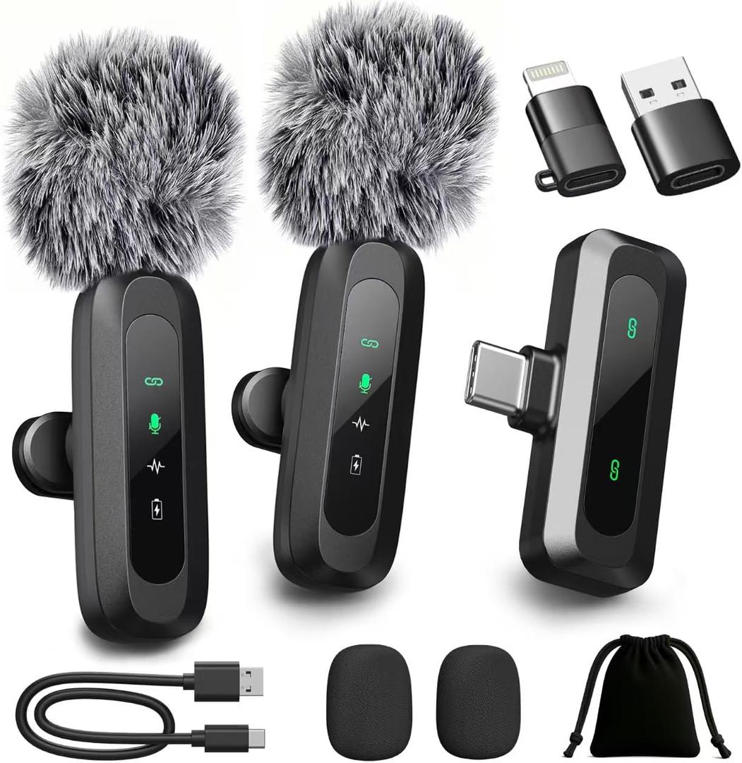 Upgraded 2 Pack Mini Clip on Microphone With LED Display, Wireless Lavalier Microphone for iPhone, HD Noise Cancelling, Portable Lapel Mic for Recording Video Podcast Vlogg Content Creator interview (Black)