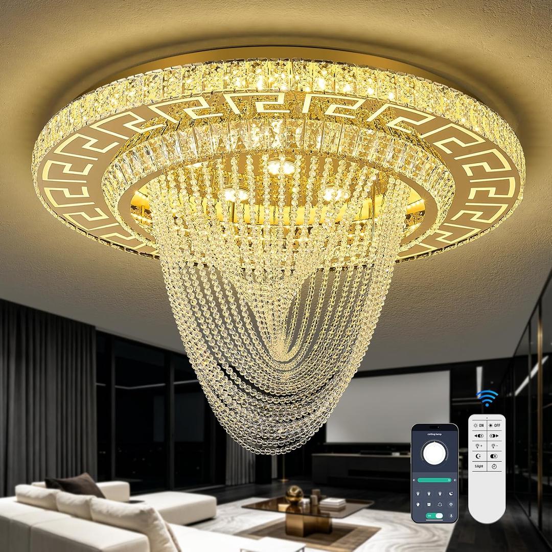 30" Gold Crystal LED Flush Mount Chandelier with Remote/APP
