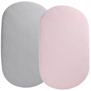 Muslin Bassinet Sheet Compatible with UPPAbaby Bassinet, 2 Pack Cotton Stylish Boho Fitted Bassinet Sheets for Baby Grey & Pink