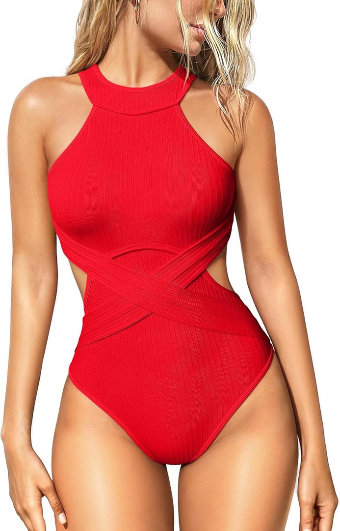 OQQ Women's One Piece Swimsuits Tummy Control High Waisted Cross Bathing Suit Wrap Tie Back 1 Piece Swimwear Red L
