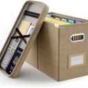 Oterri File Organizer Box with Lid, Hanging Filing File Box with Mesh Pocket, Document Organizer Box for Letter Files, Portable Storage Box with Smooth Sliding Rail for Office&Home(1 PCS, Khaki)
