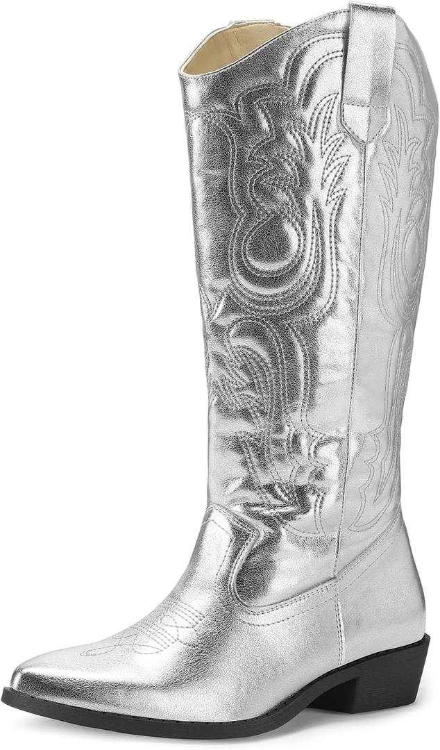 mysoft Women's Cowboy Boots Mid Calf Western Embroidered Pointed Toe Chunky Heel Pull On Cowgirl Boots Fit Medium Wide Width (7.5)
