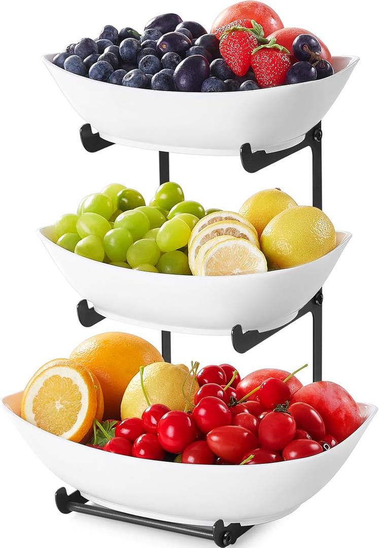 Lifewit Plastic Fruit Bowl Basket for Kitchen Countertop, 3 Tier Fruit Holder with Black Metal Stand, Serving Tray for Food, Vegetable, Cake, Dessert in Party