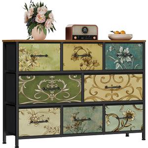 Furnulem 8 Drawer Dresser, Wide Fabric Chest of Drawers, Vintage Furniture for Bedroom, Living Room, Hallway, Closet Clothes Storage, Wooden Top