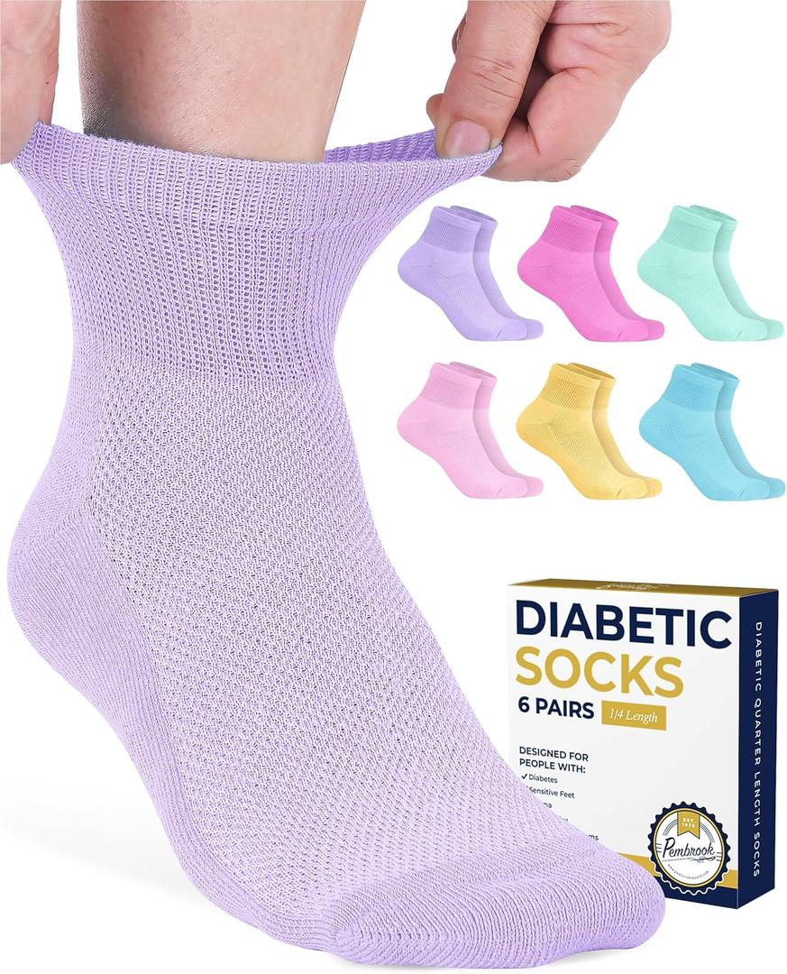Pembrook Ankle Diabetic Socks for Women & Men | 6 Pairs | Wide Non Binding Socks Quarter Length | Edema Neuropathy Socks (Large, Pastel Colors Pack - 6 Pairs)