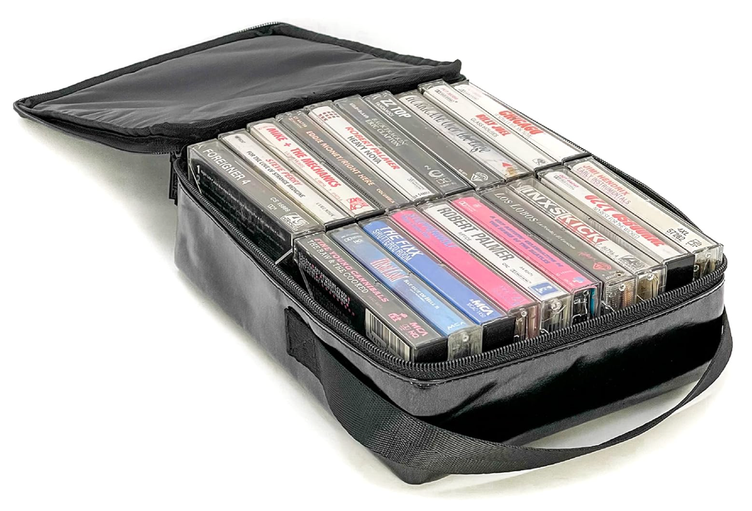 CaseLogic Audio Cassette Tape Storage Case Holds 30 Cassettes Zipper Top, Cassette Tape Holder for Car - Music Cassette Tape case w/ Carry Handle - Black