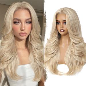 WIGER Layered Blonde Wig with Curtain Bangs Pre Cut Lace Wavy Wigs Light Yaki Glueless Synthetic Honey Blonde Mix Natural Hairline Curly Wig for Women Daily Party Costume Halloween