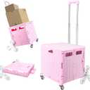 Foldable Cart with Stair Climbing Wheels, Collapsible Rolling Crate with Telescoping Handle, Handcart for Grocery Book File Tool Art Supplies(Pink)