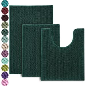 Urvoix Bathroom Rugs Sets 3 Piece, Non-Slip Chenille Bath Rug - Ultra Soft, Washable, Super Absorbent Bath Mat for Bathroom, Toilet and Tub (Dark Green) (20"x32" / 17"x24" / 20"x24" Contour)