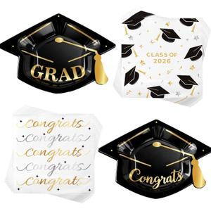 Graduation Plates and Napkins Set, 100Pcs Grad Cap-Shaped Paper Plates & Napkins for Graduation Party Supplies, Class of 2026 College High School Graduation Decorations Favors, Serves 25 People