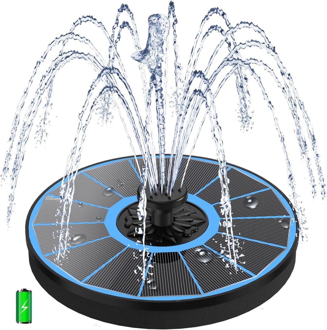 Solar Water Fountain with 2000 mAh Battery Backup Works in Cloudy, 3.5 W Glass Small Solar Fountain Pump with 7 Nozzles, Bird Bath Fountains Solar Power for Bird Bath, Hummingbird,Pond, Garden (Blue Panel)