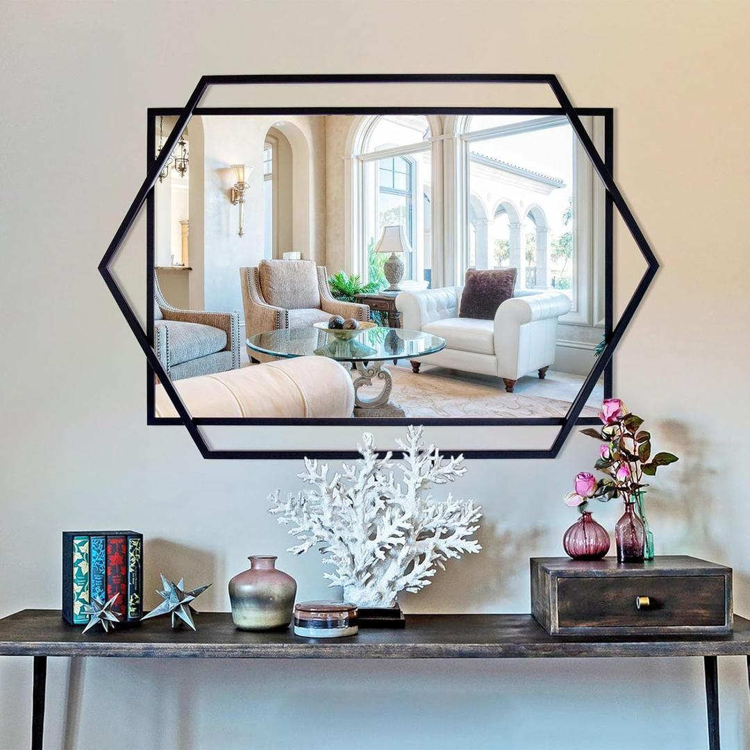Black Decorative Mirror for Wall Decor, 26"x36" Large Mirror for Living Room with Hexagon and Rectangular Metal Frame, Modern Accent Mirror for Bathroom, Entrance, Bedroom, Dining Room