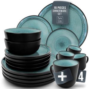 16-Piece Dinnerware and Coffee Mug Set  Modern Stoneware in Petrol Blue and Black  Service for 8, Dishwasher and Microwave Safe