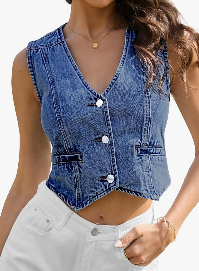 ELLEVEN Womens Summer Cropped Denim Vest, V-Neck Crop Western Jean Vest Top for Women Country Trendy Outfits, Color: Dark Blue Denim, Size: Medium