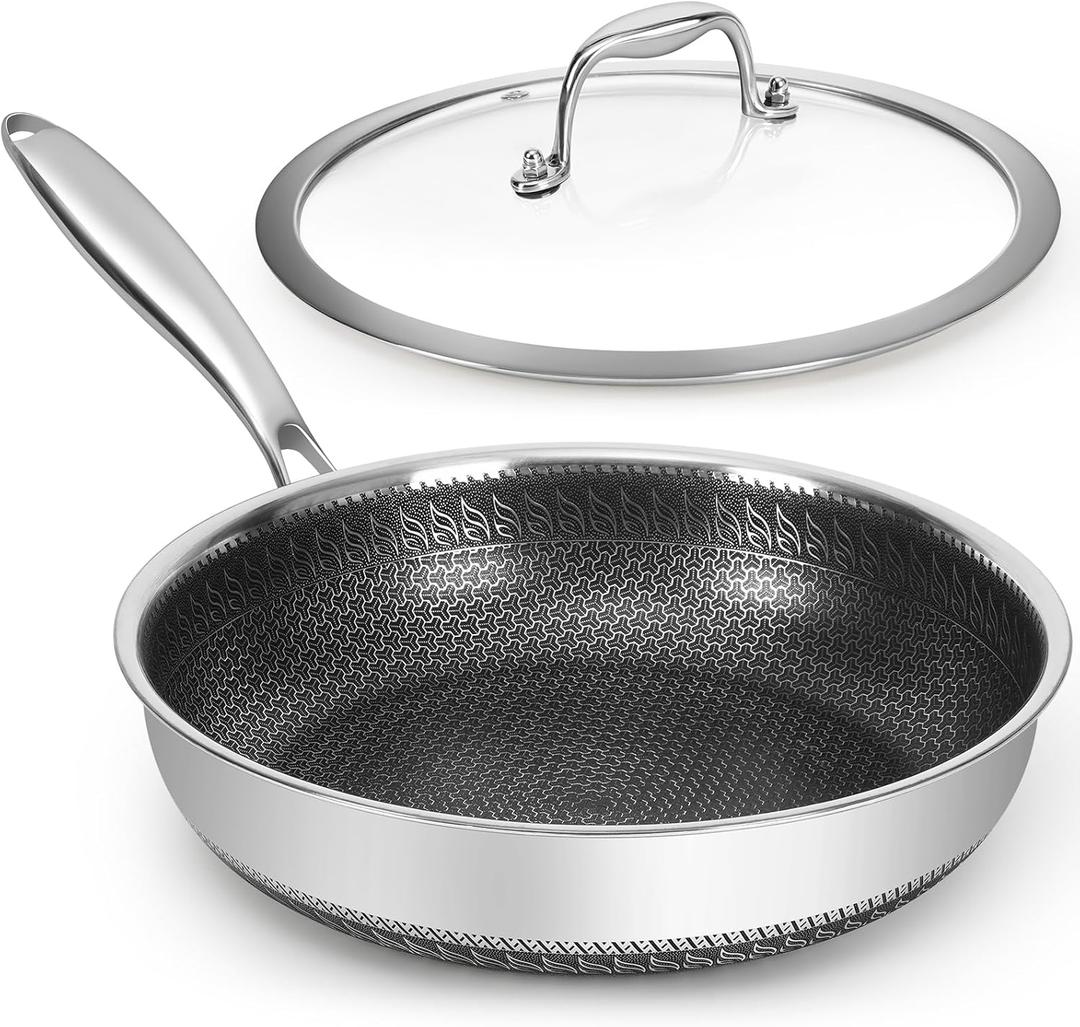 10.5 inches Frying Pan Nonstick Skillet 2.5 Qt Deep Non Stick Stainless Steel Saut Pan with Lid, Dishwasher and Oven Safe, Compatible with All Cooktops