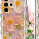 EYZUTAK Case for Samsung Galaxy S24 Ultra, Colorful Retro Oil Painting Flower Laser Glossy Pattern Cute Curly Wave Edge Exquisite Phone Cover Stylish Durable TPU Protective Case for Girls Women - Pink