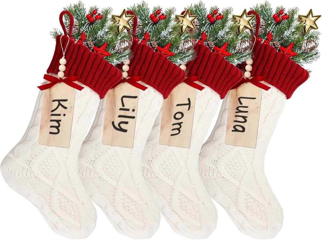 Aoriher Large Christmas Stockings with DIY Name Tags, 18 Inch Knitted Stockings Xmas Stocking Decorations with Christmas Stocking Tags for Family Decor (Style B,White/Red)