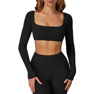 ABOCIW Women Square Neck Long Sleeve Workout Crop Top Low Medium Impact Athletic Yoga Gym Shirts with Built in Bra  (ONLY TOP) (Small, Black)