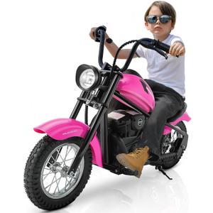 ELEMARA Electric Dirt Bike, 15 mph & 150lb Max, 24V Ride on Toy for Big Kids w/LED Lights & Power Display,Chain-Driven Motor,Twist-Grip Throttle, Shock Springs,Handbrake,12" Air-Filled Tires-Pink