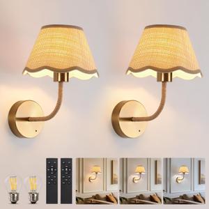 Battery Operated Gold Rattan Wall Sconces Set of Tow Rechargeable Wireless Battery Powered Large Boho Wall Lights with Grass-Woven Lampshade for Bedroom Living Room Entryway Hallway