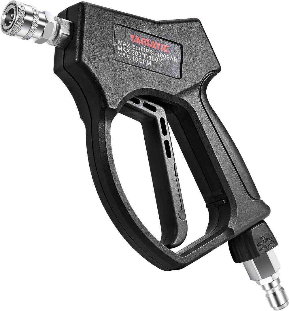 YAMATIC Stainless Steel Short Pressure Washer Gun 5800 PSI with Swivel 3/8" Plug, Easy Pull Trigger High Power Washer Handle with 1/4" Quick Connect for Foam Cannon Gun Car Wash