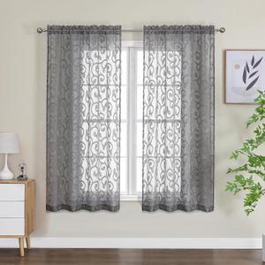 OWENIE Furman Sheer Curtains 63 inch Length for Bedroom Living Room 2 Panels Set, Jacquard Clip Textured Semi Sheer Grey Curtains, Light Filtering Rod Pocket Farmhouse Window Treatments, 40Wx63L inch