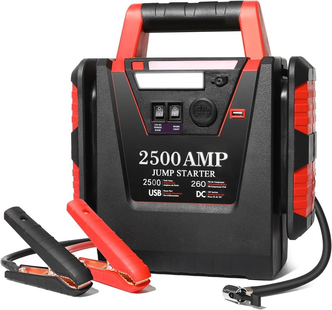 Jump Starter with Air Compressor,2500A Car Battery Jumper Starter 260 PSI Tire Inflator,6 in 1 Auto Lead-Acid Battery Booster Jump Starter for Up to 10.0L Gas or 8.0L Diesel with LED Light