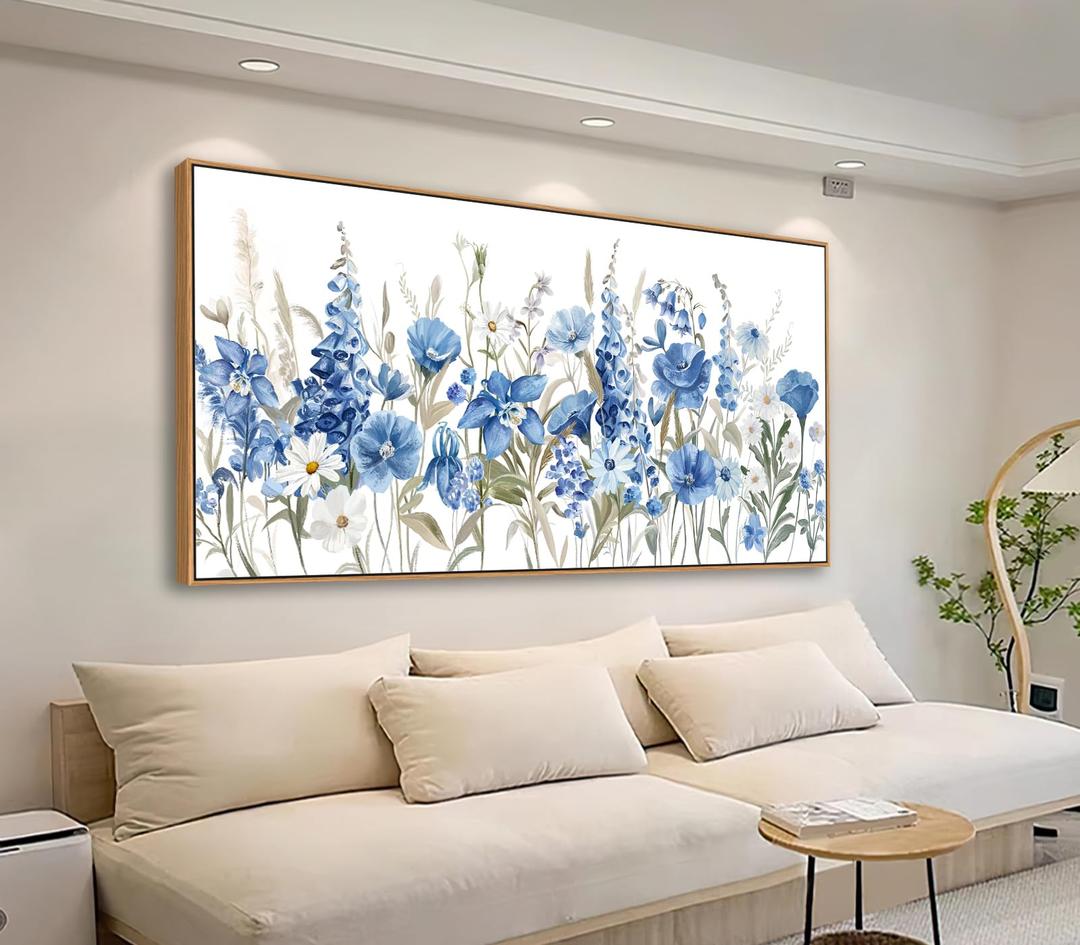 tigeridge Blue Floral Framed Wall Art - Vibrant Blue White Iris and Daisy Canvas Pictures Wall Decor Flower Painting Artwork Elegant Botanical Prints Living Room Decor 40 x 20in, Natural Wood Frame