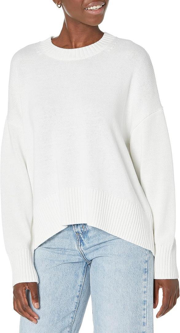 Amazon Brand - Daily Ritual Women's 100% Cotton Boxy Crewneck Pullover Sweater, White, Medium