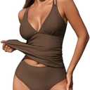 ZAFUL High Waisted Bikini Sets for Women Modest Swimsuits for Women Solid Two Piece Bathing Suits Tummy Control Ruched Tankini Vacation Outfits for Women (Coffee L)
