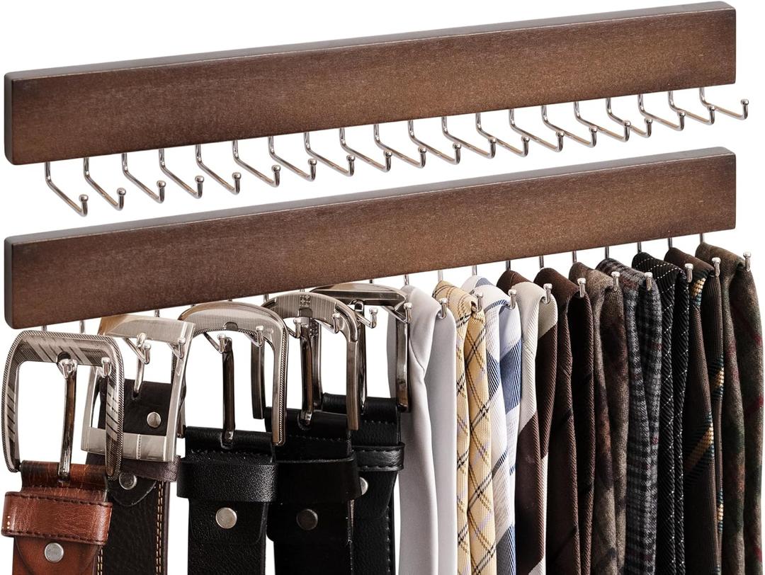 StorageWorks Tie Rack with 20 Hooks, 2-Pack Wall-Mounted Wooden Hangers for Neckties, Belts, Hats, Natural Walnut Color