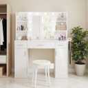 2-Cabinet White Makeup Vanity Dressing Table with Adjustable Mirror, 6-Shelves Power Outlet, for Women Girls Bedroom